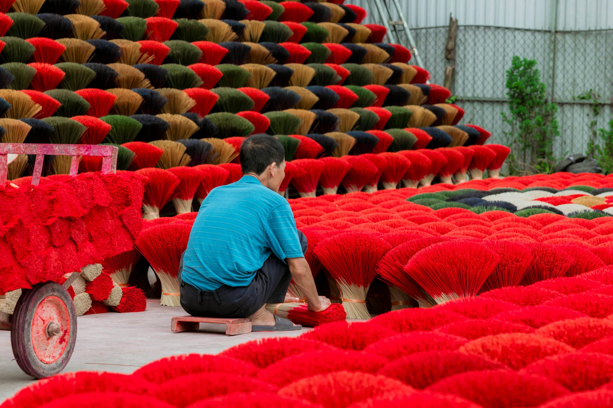 Man organizing vibrant incense sticks air drying outdoors, highlighting traditional craftsmanship.